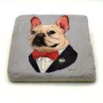 Ryan Berkley Bestiary Frenchie Bulldog artwork printed on premium natural travertine stone coaster