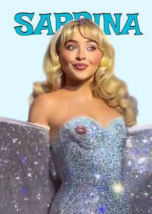 Sabrina Carpenter in her famous blue dress printed on MDF wall poster