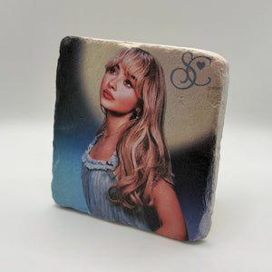 Sabrina Carpenter artwork printed on square travertine stone coaster