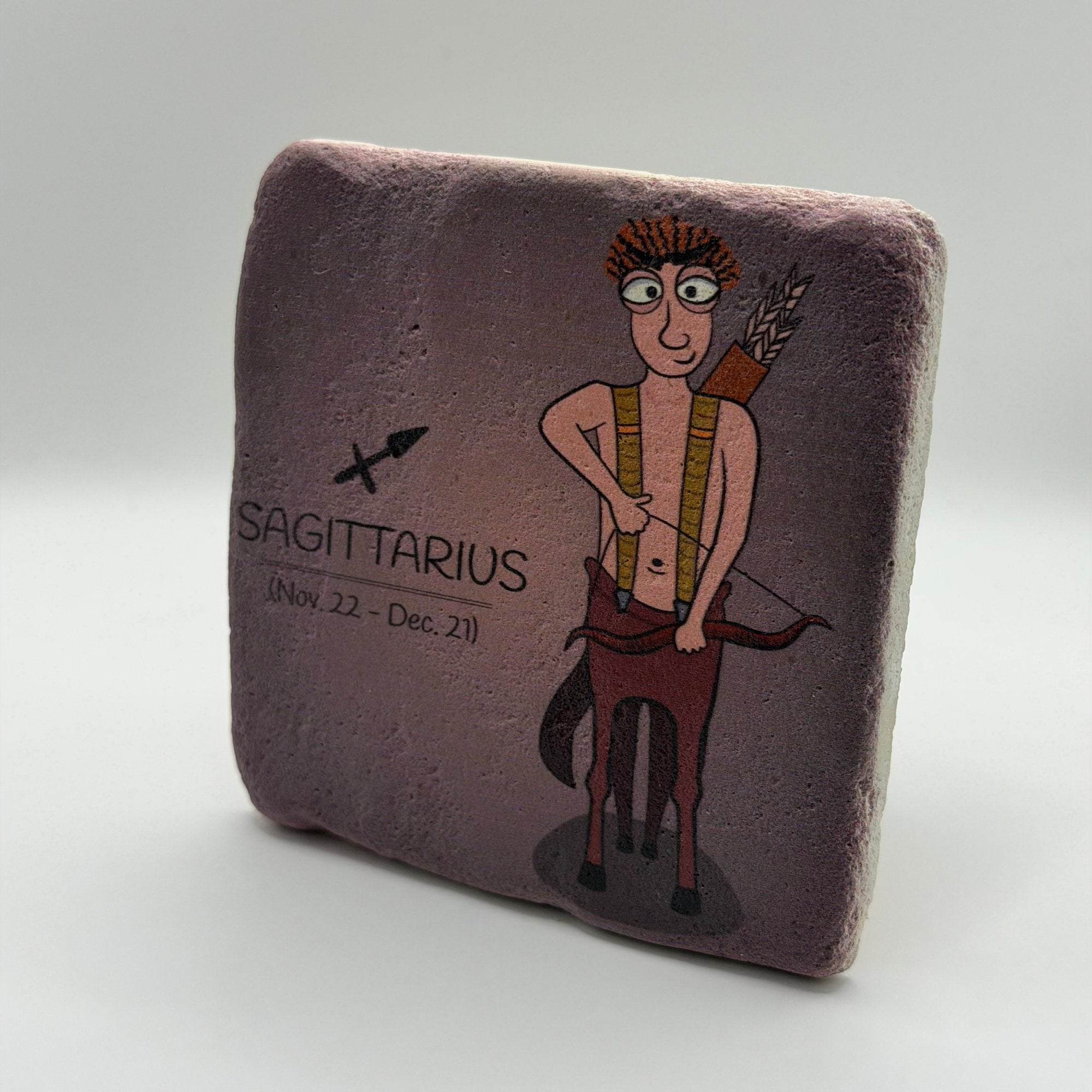 Sagittarius zodiac symbol printed on square travertine stone coaster