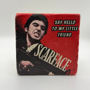 Scarface artwork printed on square travertine stone coaster