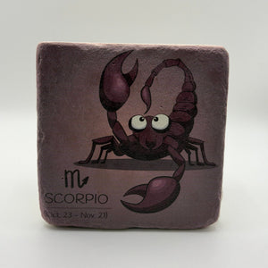Scorpio astrological symbol printed on square travertine stone coaster