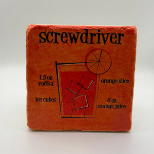 Classic screwdriver cocktail artwork printed on square travertine stone coaster