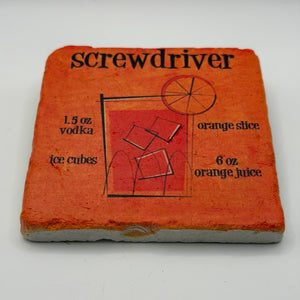 Classic screwdriver cocktail artwork printed on square travertine stone coaster
