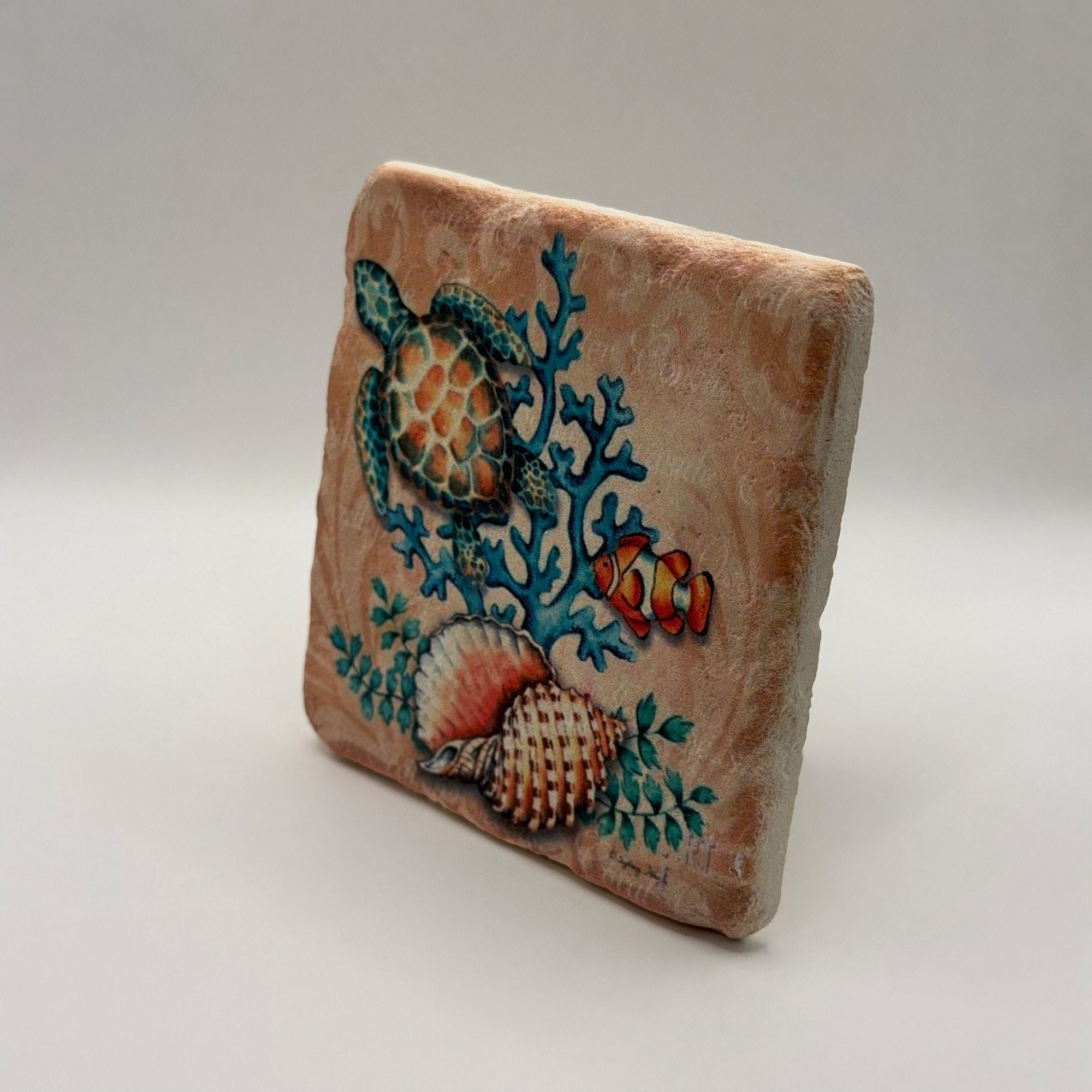 Sea life artwork printed on square travertine stone coaster