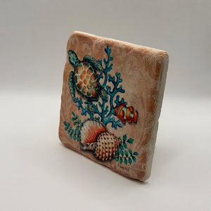 Sea life artwork printed on square travertine stone coaster