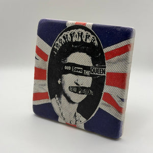 Sex Pistols 'God Save the Queen' artwork printed on square travertine stone coaster