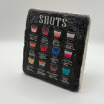 Menu-style design printed on square travertine stone coaster