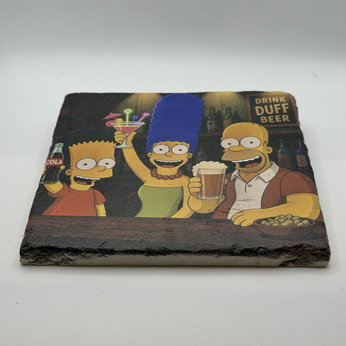 Simpsons Family Drink Duff Beer Natural Travertine Stone Hotpad 2
