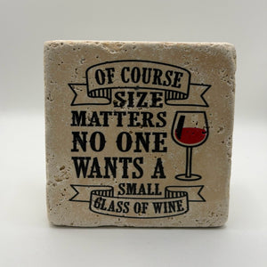 Funny size-related artwork printed on square natural travertine stone coaster