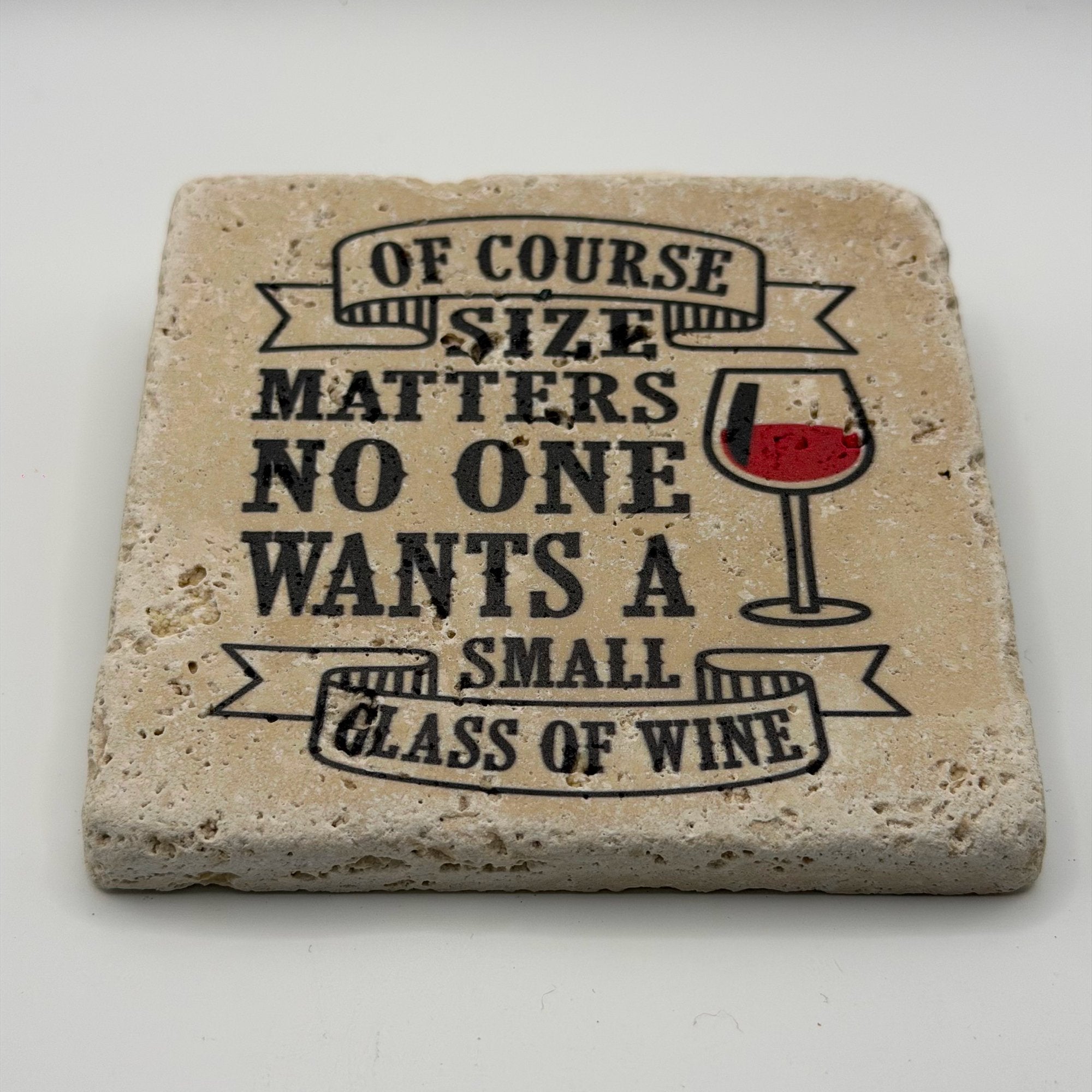 Funny size-related artwork printed on square natural travertine stone coaster