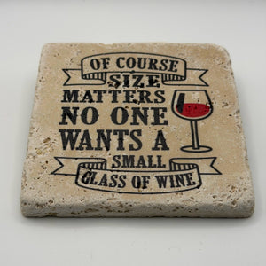 Funny size-related artwork printed on square natural travertine stone coaster