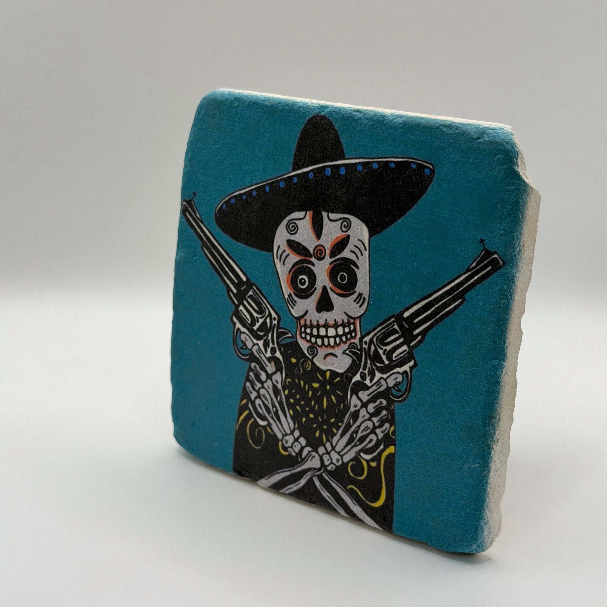 Gothic skeleton gunfighter artwork printed on square travertine stone coaster