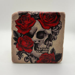 Skull and roses artwork printed on square travertine stone coaster