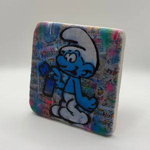 Smurf graffiti artwork printed on square travertine stone coaster