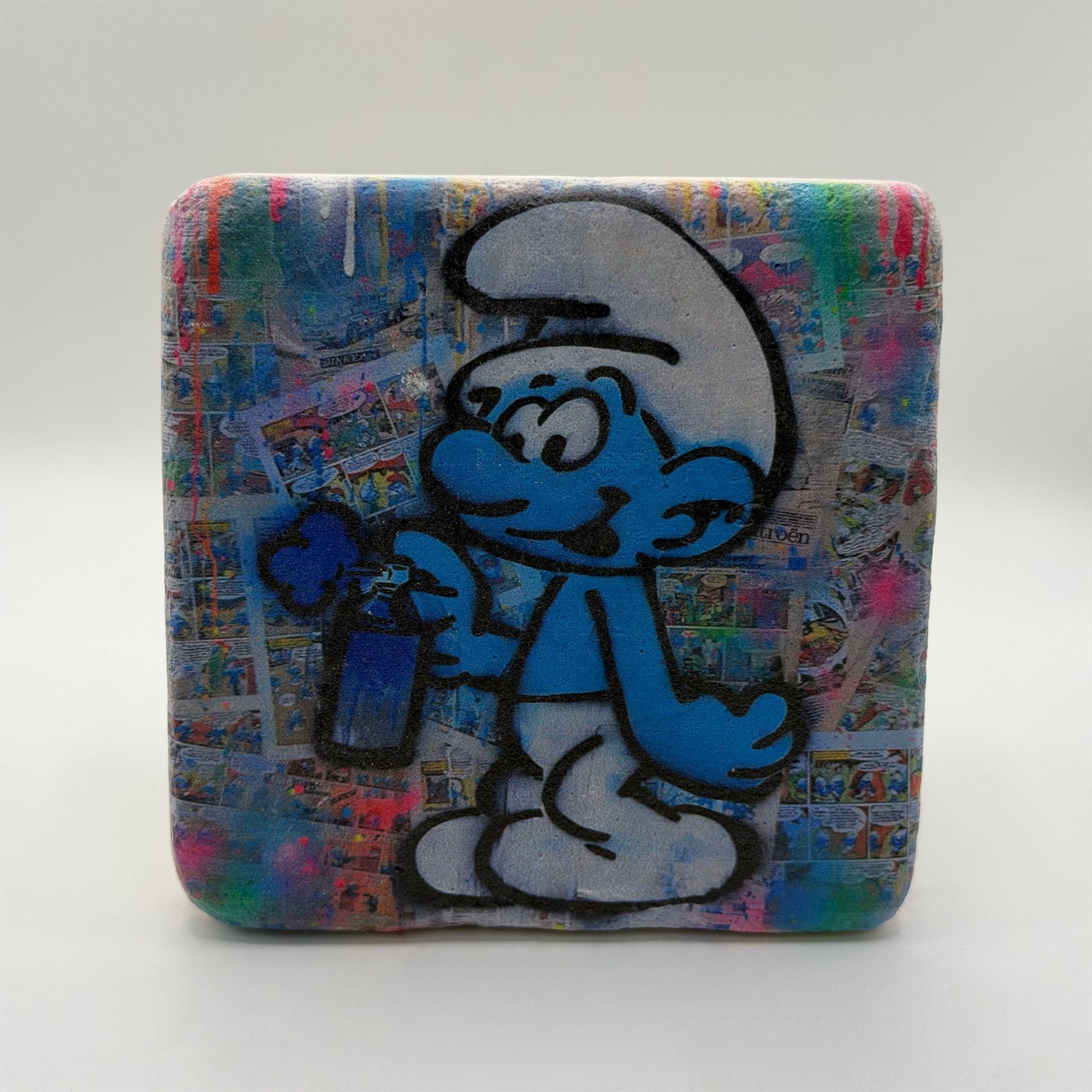 Smurf graffiti artwork printed on square travertine stone coaster