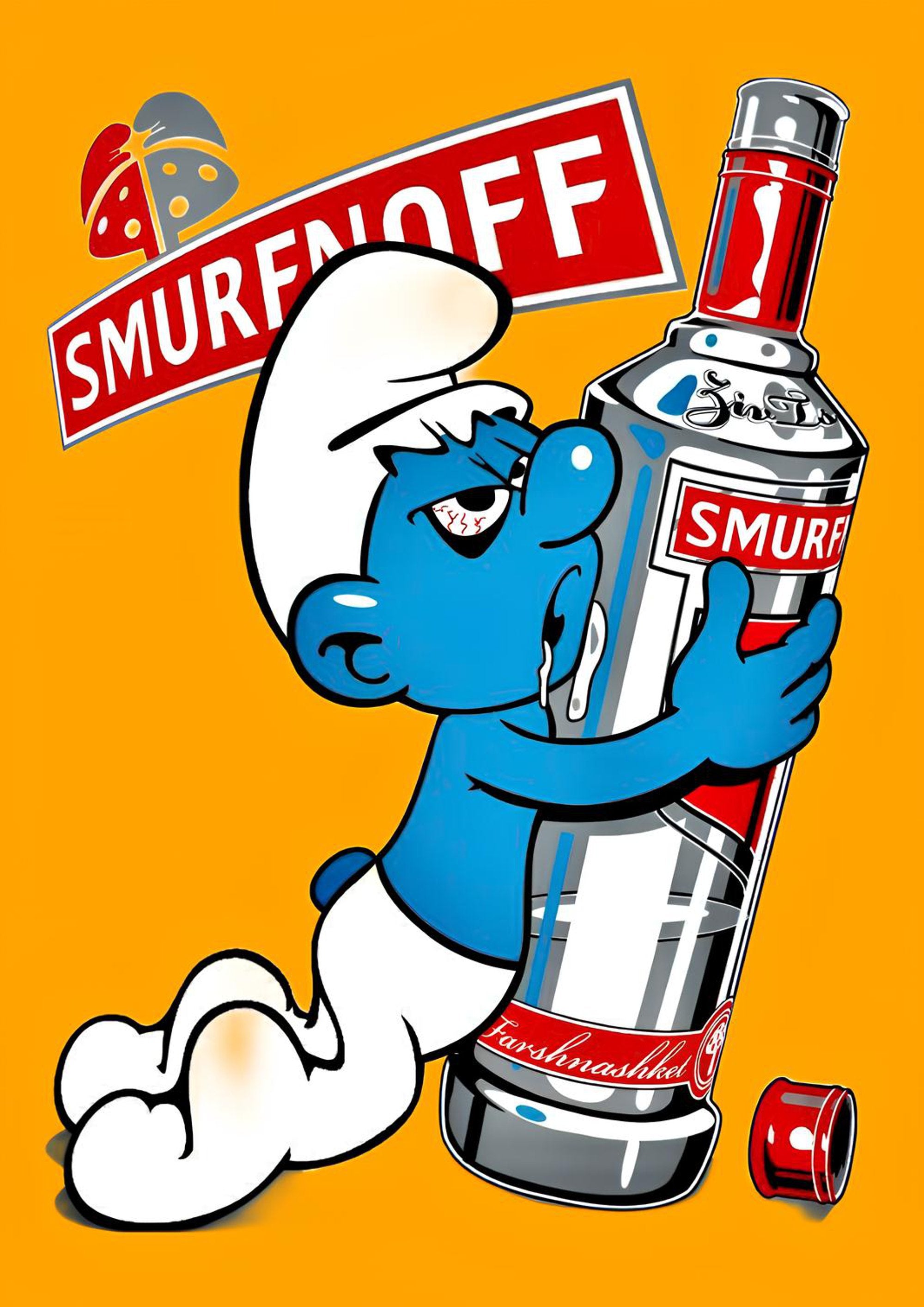 Smurfnoff Vodka Smurf parody artwork printed on MDF wall poster