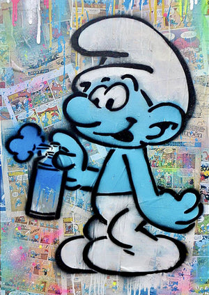 Smurfs characters with blue spray can graffiti printed on MDF wall poster