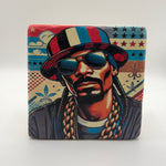 Snoop Dogg artwork printed on square travertine stone coaster