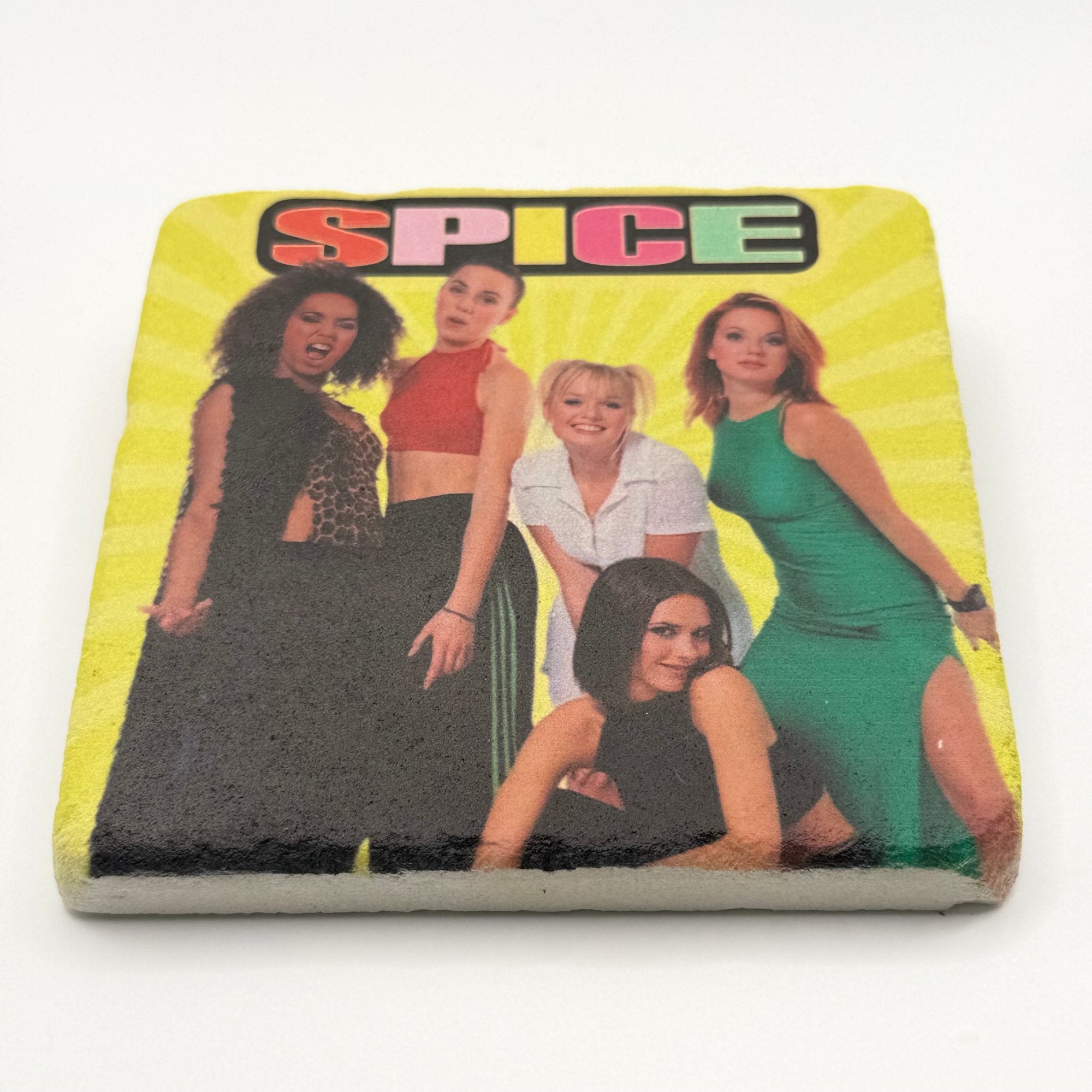 Spice Girls logo printed on square travertine stone coaster