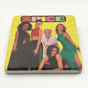 Spice Girls logo printed on square travertine stone coaster