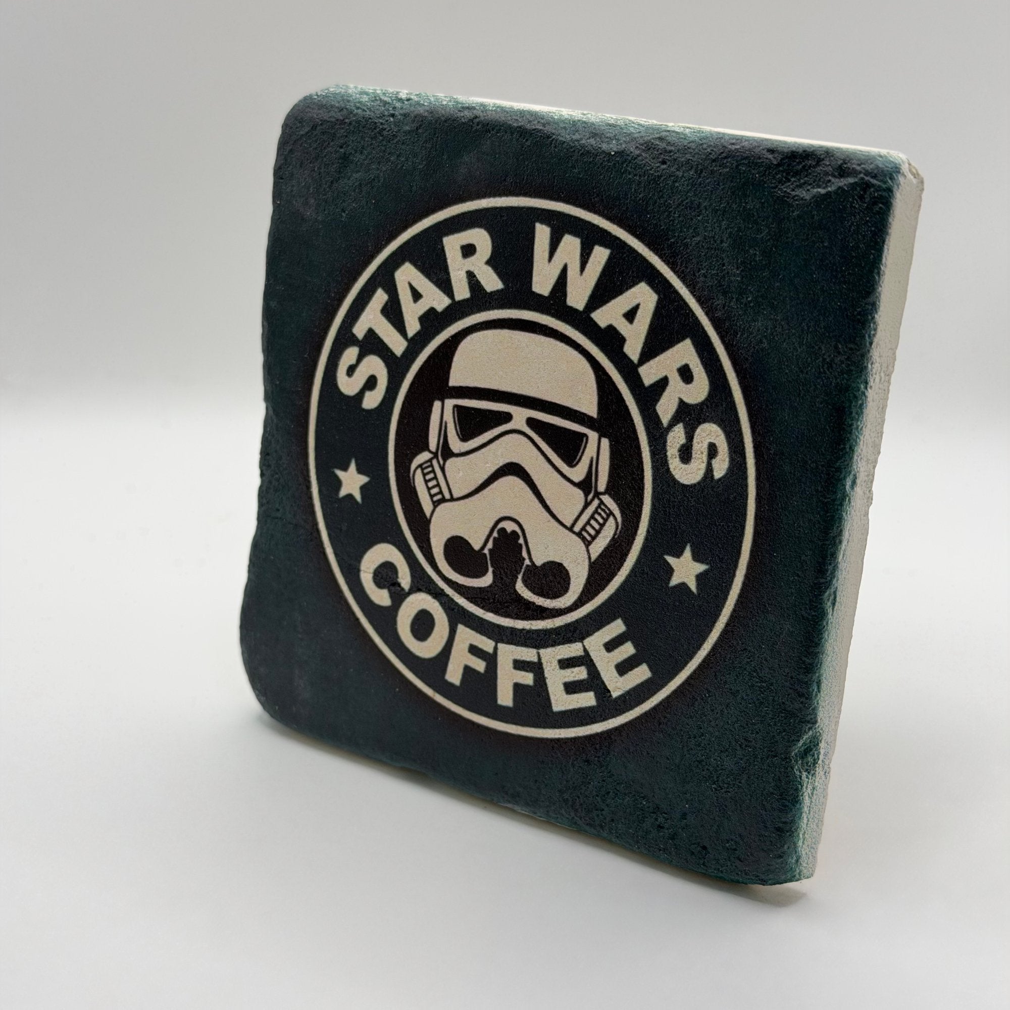 Star Wars logo or character artwork printed on square travertine stone coaster