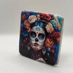 Sugar Skull Woman artwork printed on square travertine stone coaster