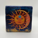 Sun and moon artwork printed on square travertine stone coaster