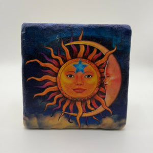 Sun and moon artwork printed on square travertine stone coaster