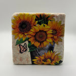 Sunflower bouquet and butterfly artwork printed on square travertine stone coaster