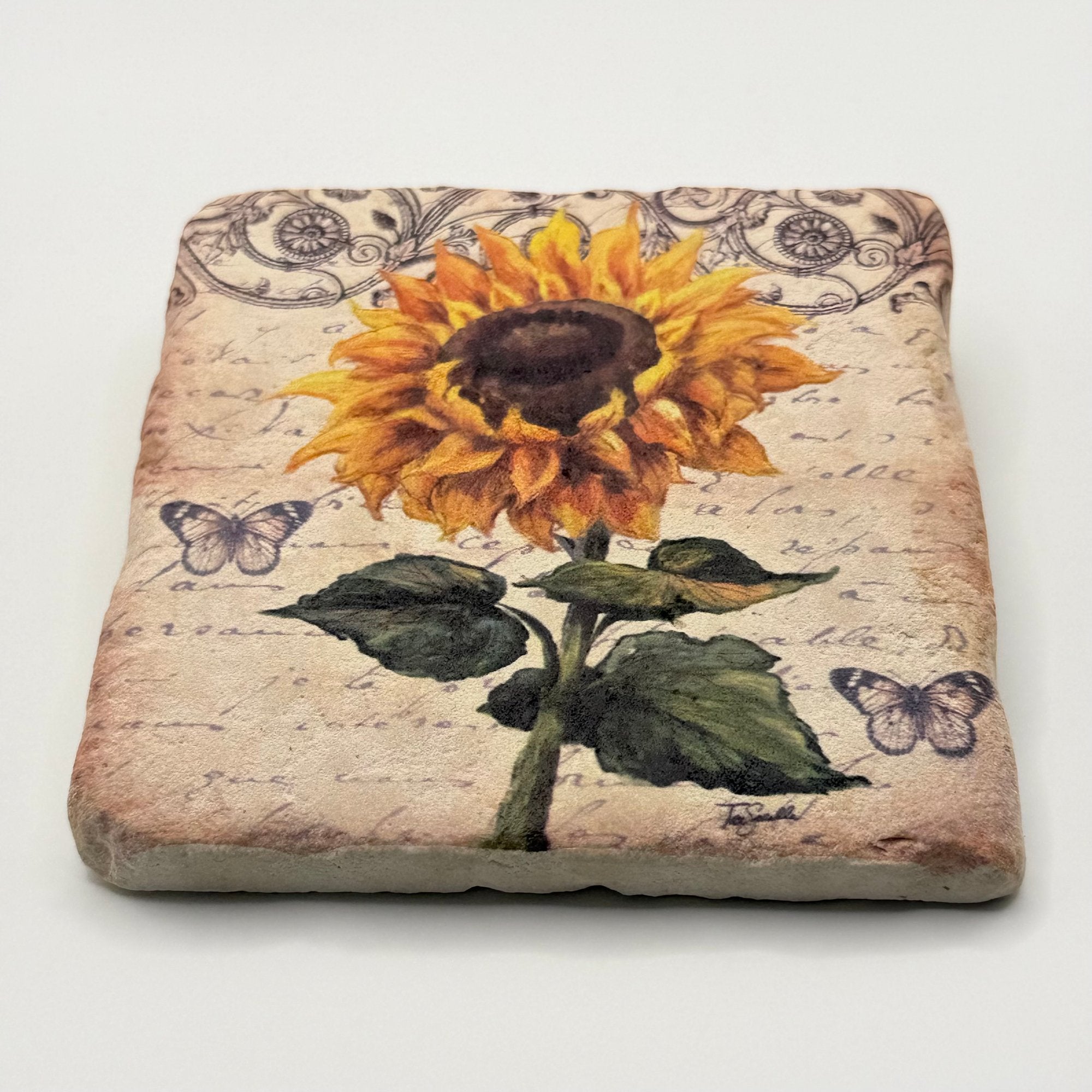 Vintage sunflower artwork printed on square travertine stone coaster