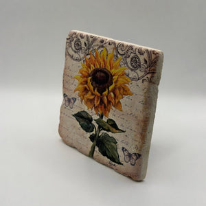 Vintage sunflower artwork printed on square travertine stone coaster