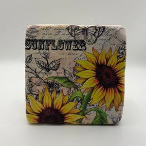 Vintage sunflower artwork printed on square travertine stone coaster