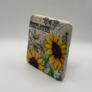 Vintage sunflower artwork printed on square travertine stone coaster