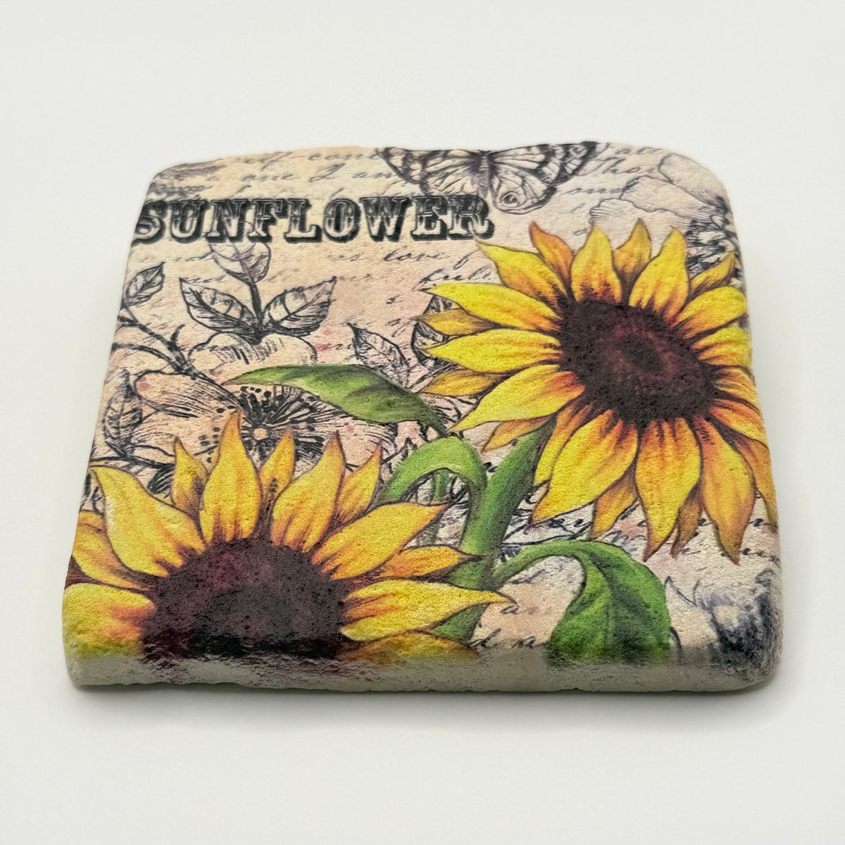 Vintage sunflower artwork printed on square travertine stone coaster