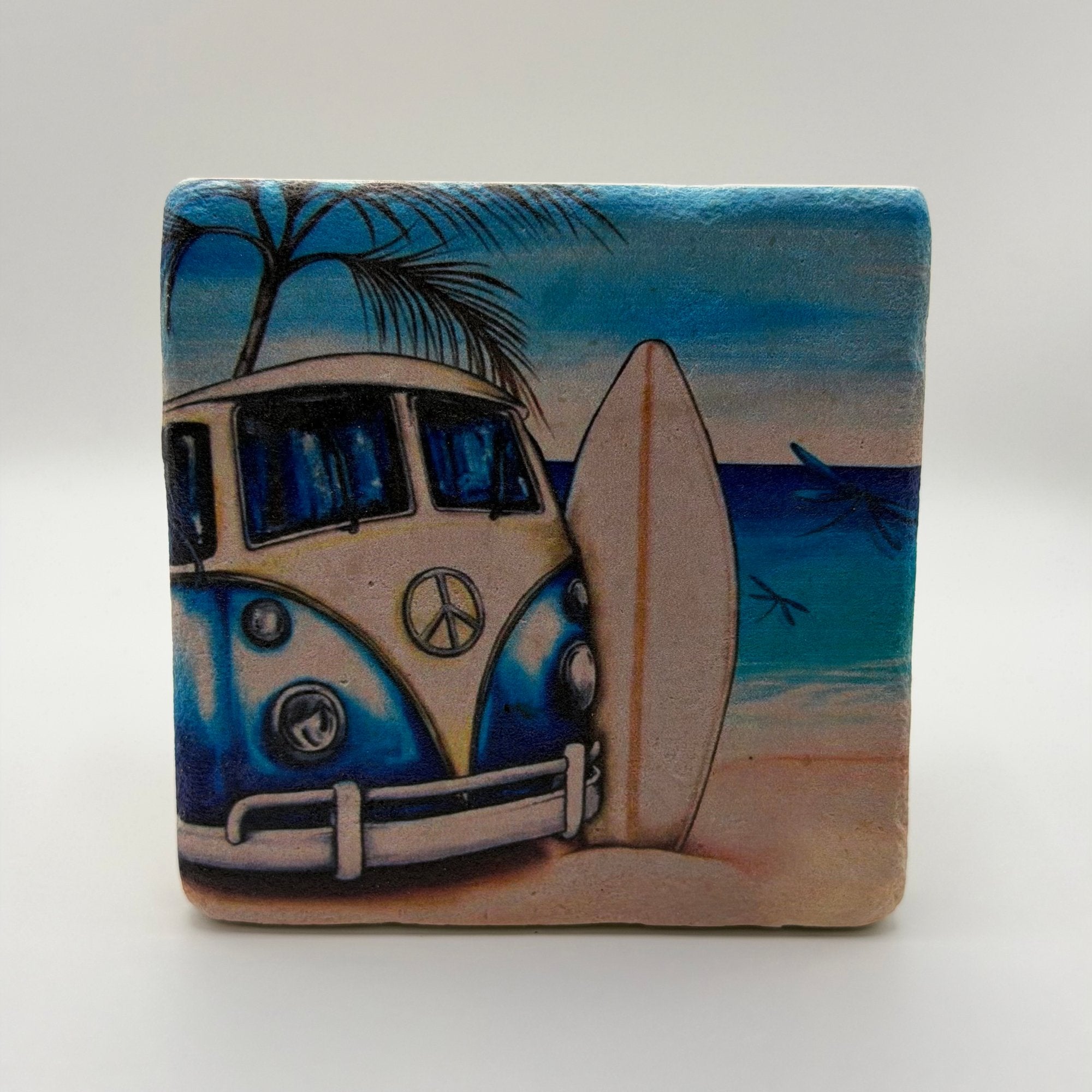 Hand painted surfer van artwork printed on square travertine stone coaster