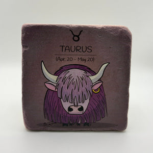 Taurus horoscope symbol printed on square travertine stone coaster