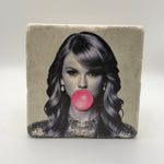 Taylor Swift artwork printed on square travertine stone coaster