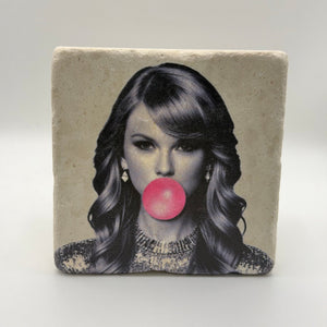 Taylor Swift artwork printed on square travertine stone coaster