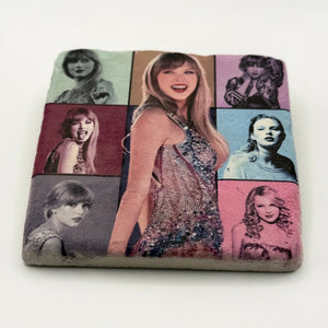 Taylor Swift era artwork printed on square travertine stone coaster