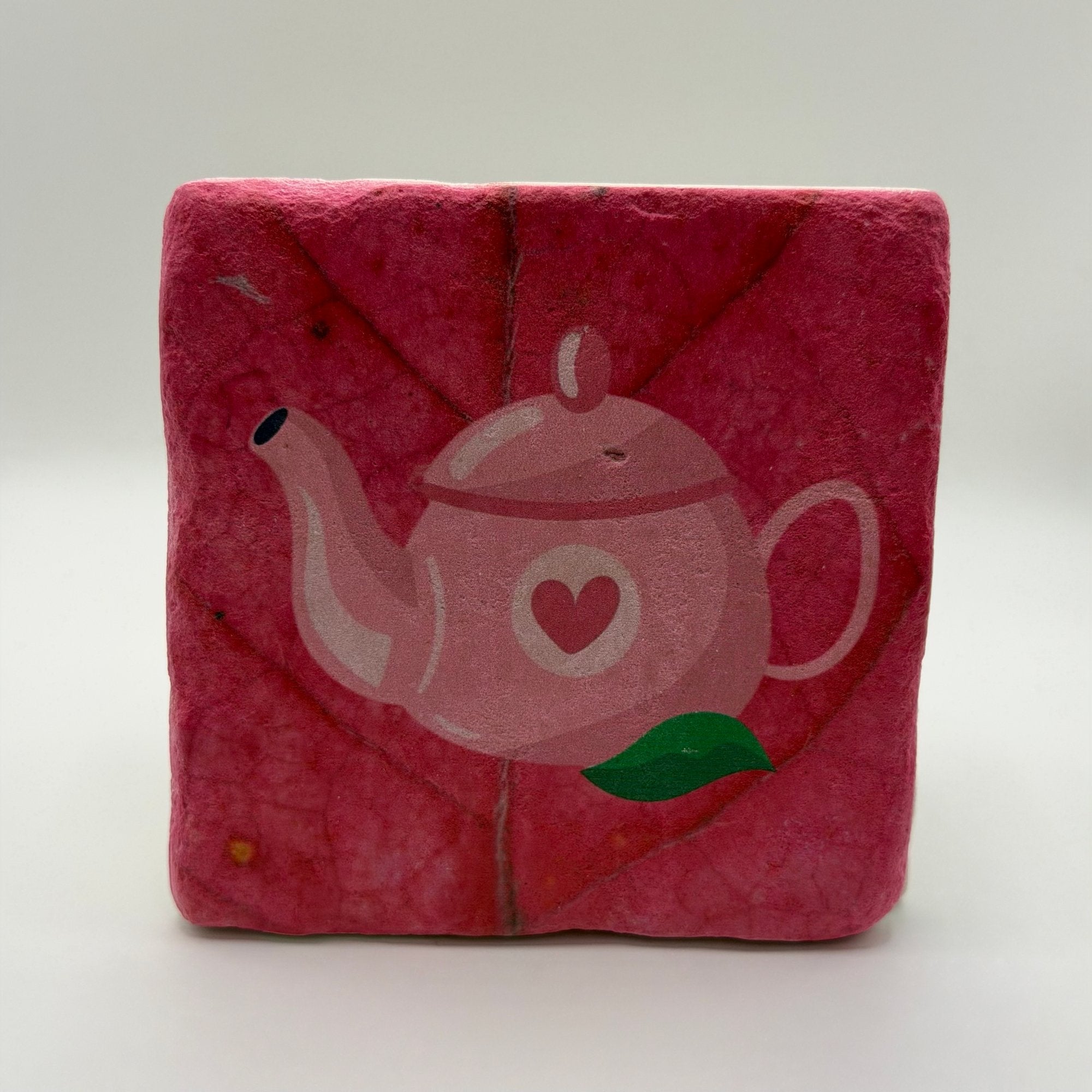 Vintage tea pot artwork printed on square travertine stone coaster
