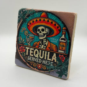 Tequila logo printed on square travertine stone coaster