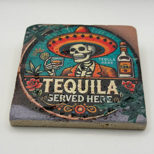 Tequila logo printed on square travertine stone coaster