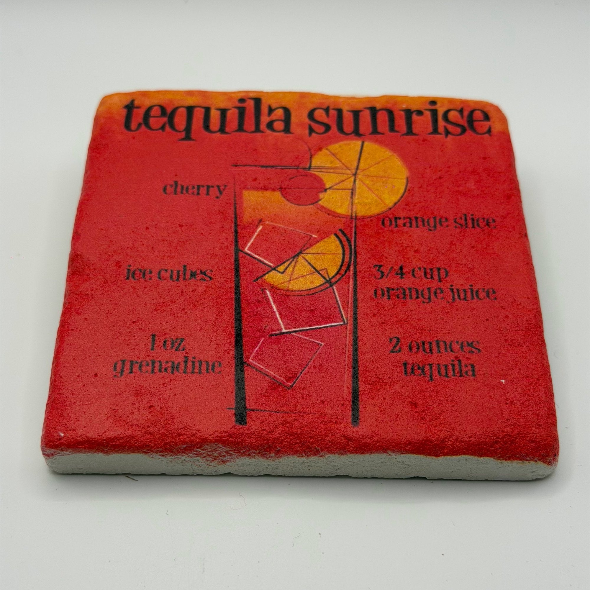 Tequila Sunrise artwork printed on square travertine stone coaster