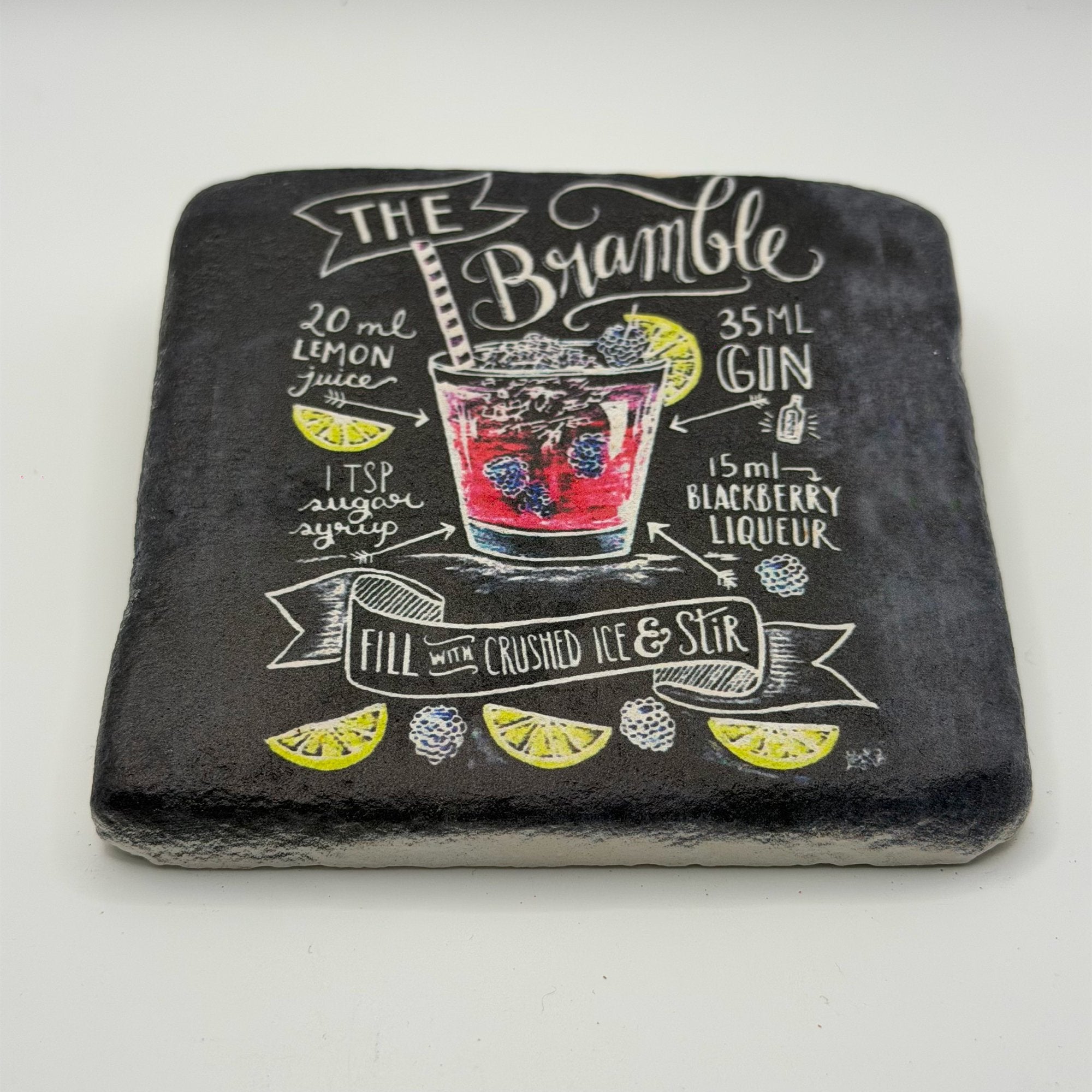 The Bramble artwork printed on square travertine stone coaster