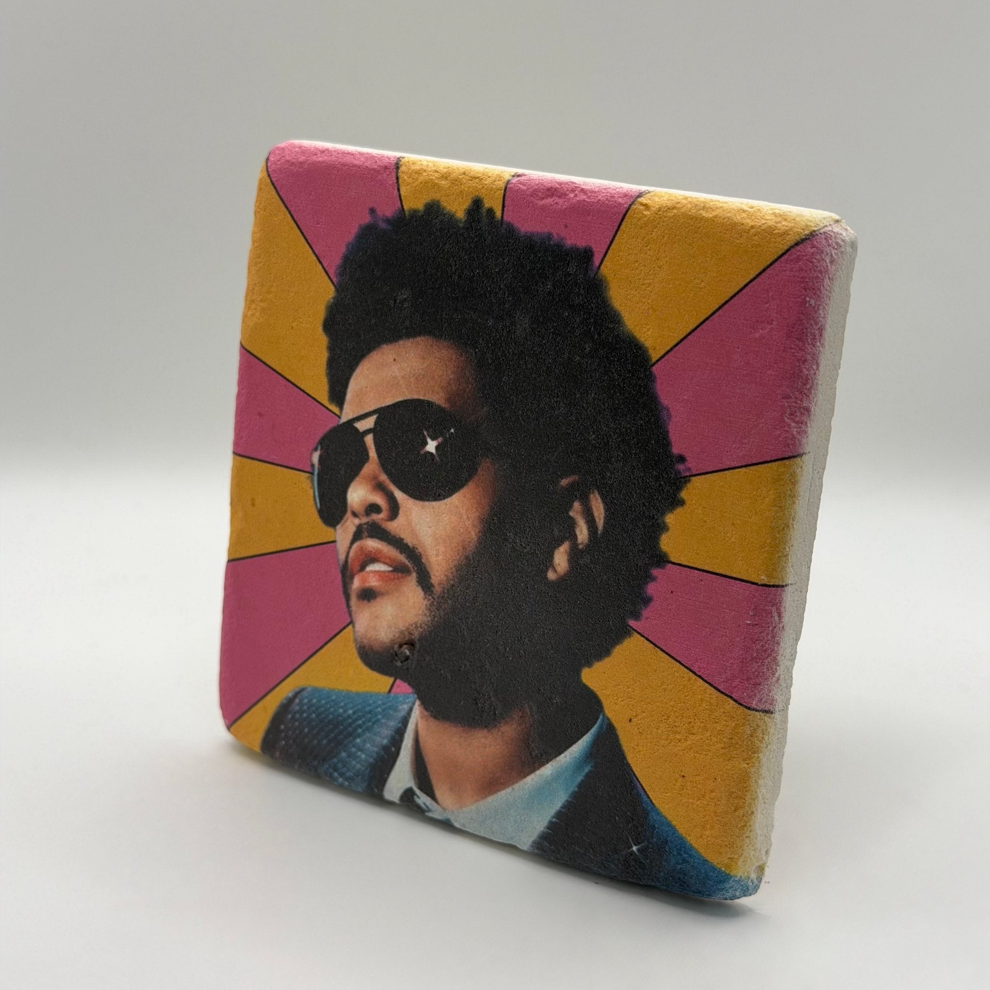 The Weeknd artwork printed on square travertine stone coaster