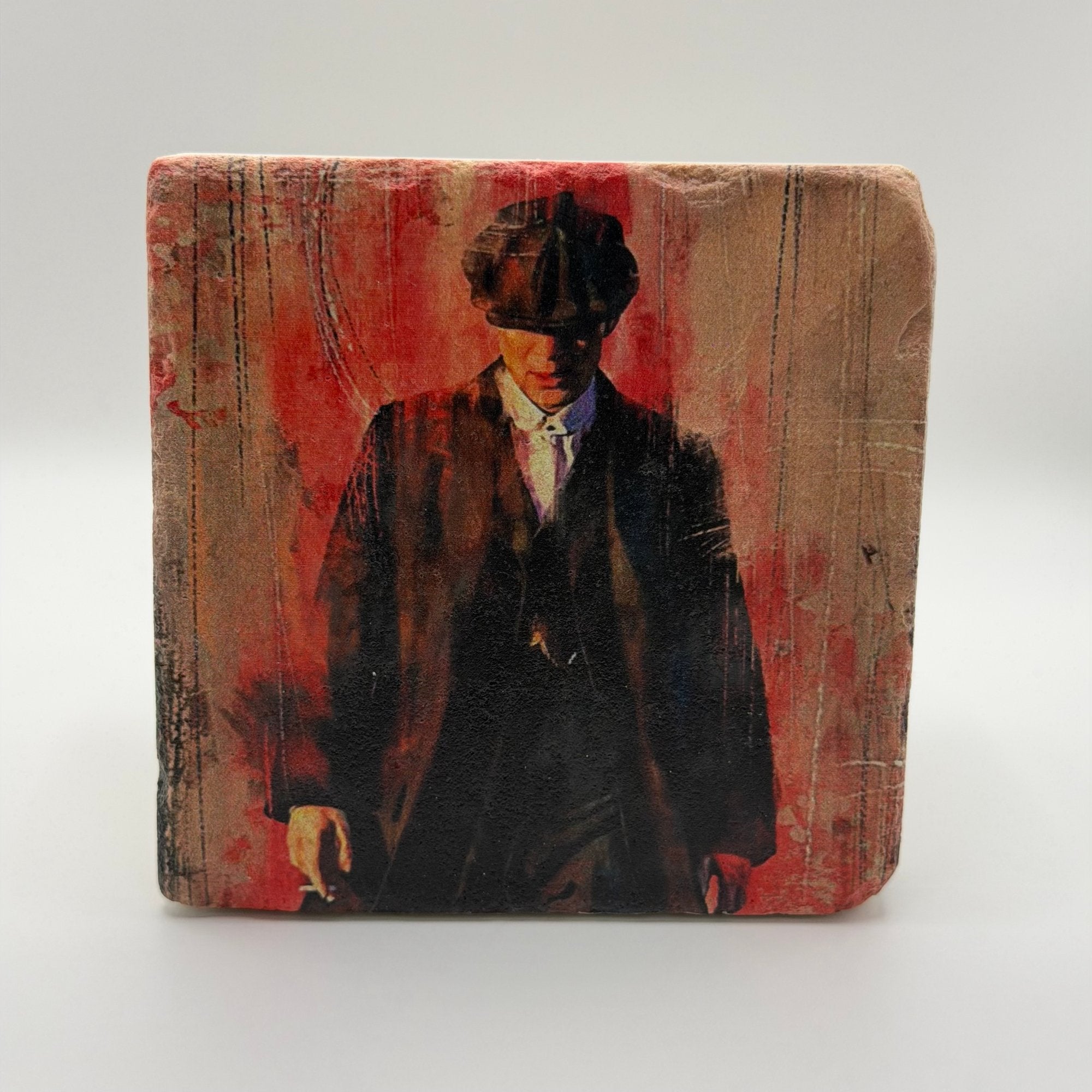 Thomas Shelby portrait printed on square travertine stone coaster