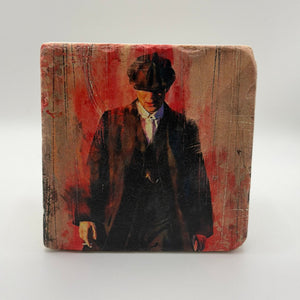Thomas Shelby portrait printed on square travertine stone coaster