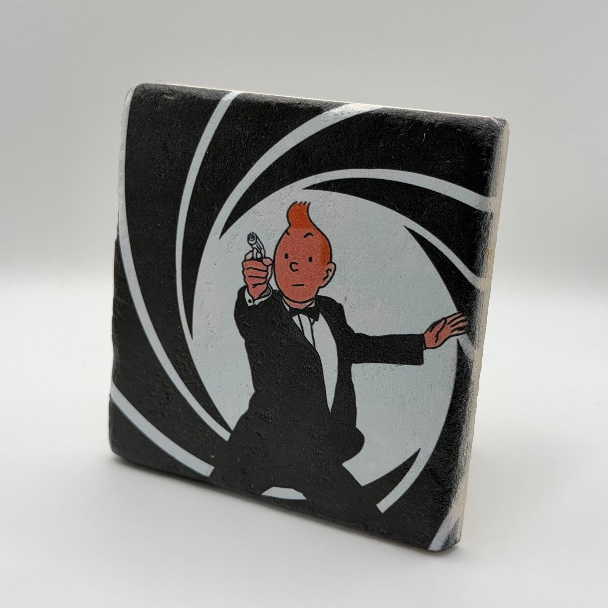 Tin Tin artwork printed on square travertine stone coaster