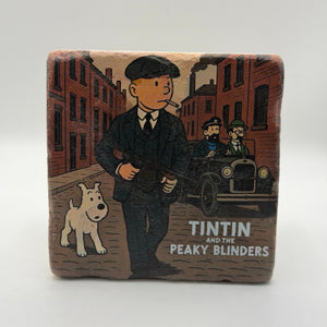 Tin Tin artwork printed on square travertine stone coaster